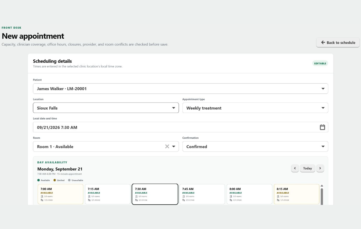 The new appointment form in the Optimize EMR synthetic demo.