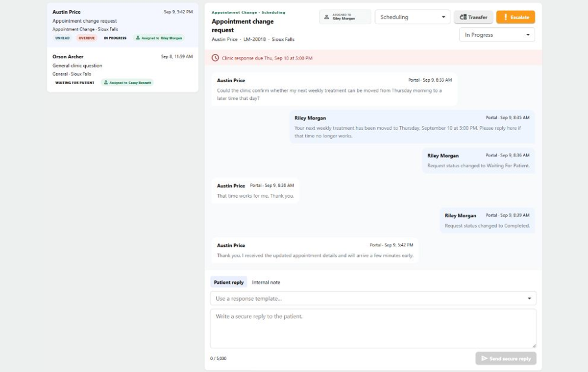 Optimize EMR communications workspace showing a fictional patient conversation.