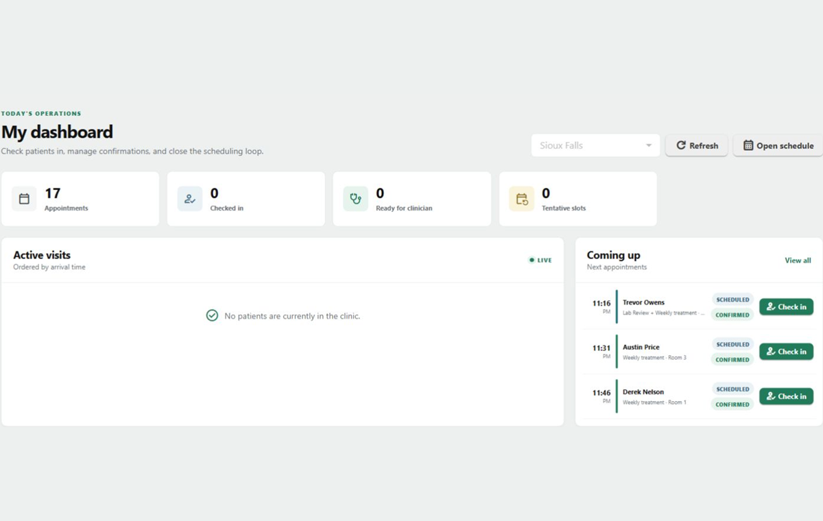 Optimize EMR front-desk dashboard showing clinic flow, upcoming fictional patients, and check-in buttons.