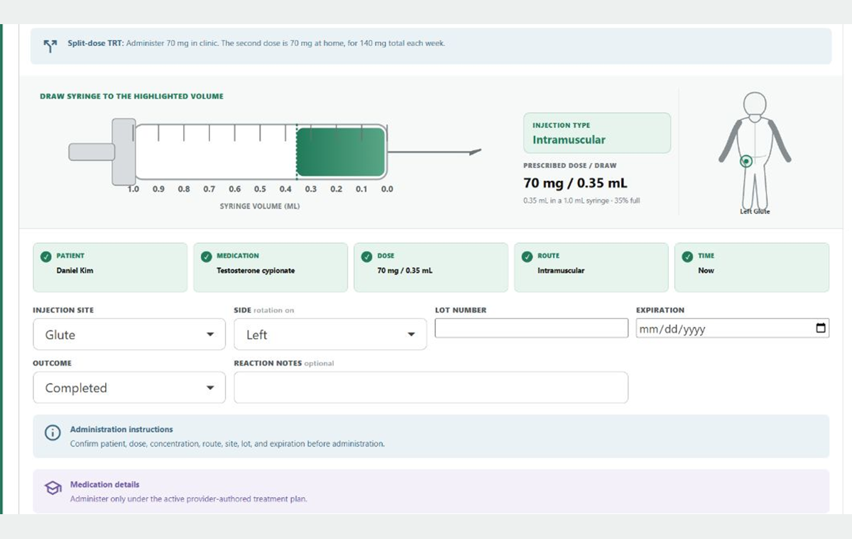 Optimize EMR medication administration showing a highlighted syringe volume, injection-site diagram, and five-rights verification for a fictional patient.