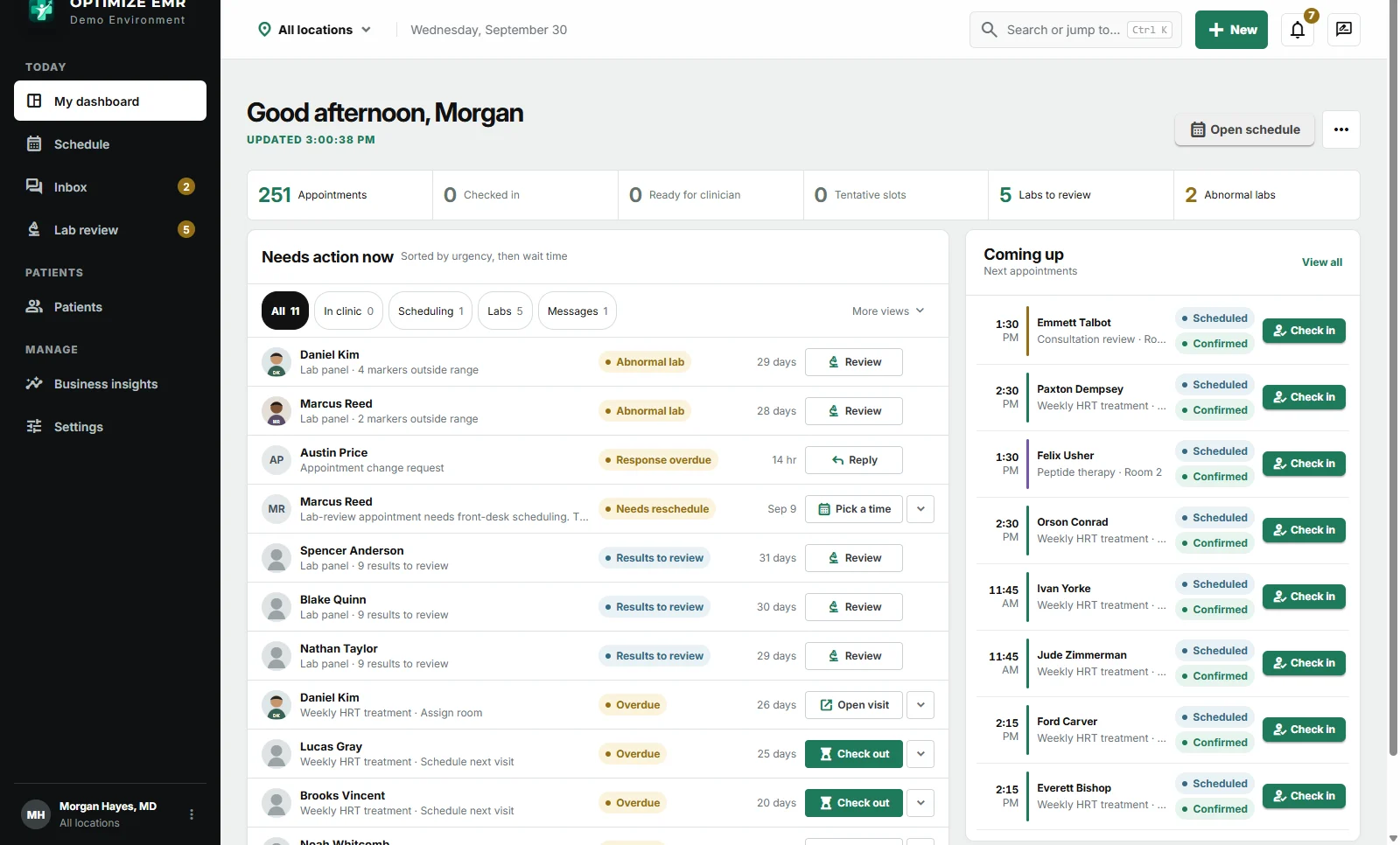 Staff dashboard with the needs-action-now queue and upcoming check-ins. Fictional demonstration data.