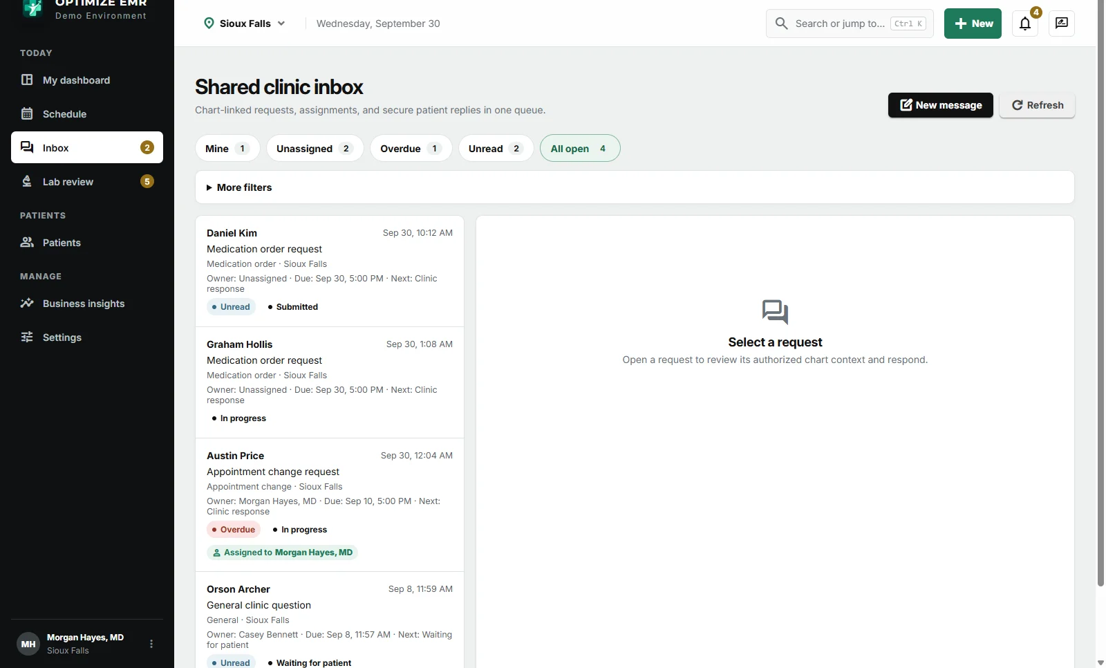 Shared clinic inbox with chart-linked patient conversations. Fictional demonstration data.