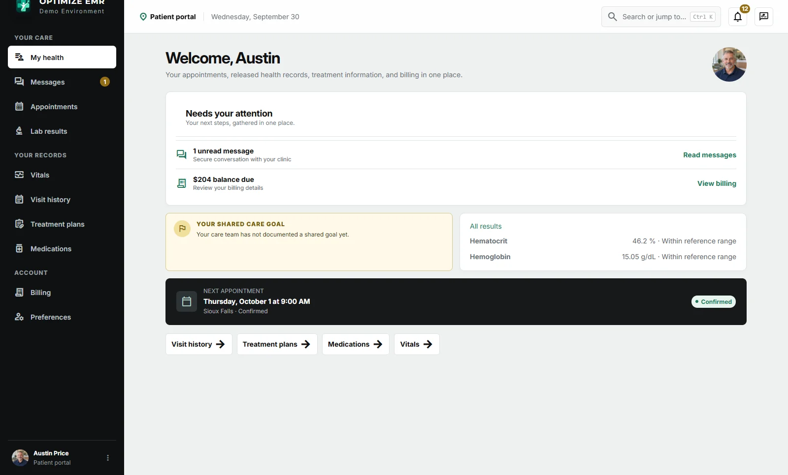 My Health patient portal with next steps, recent results, and the next appointment. Fictional demonstration data.